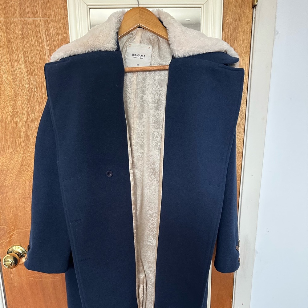 Wanama Navy Blue Wool Coat with Faux Fur Collar